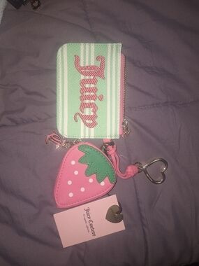 Juicy Couture Mint & Pink Stripe Card Holder with Strawberry Coin Pouch